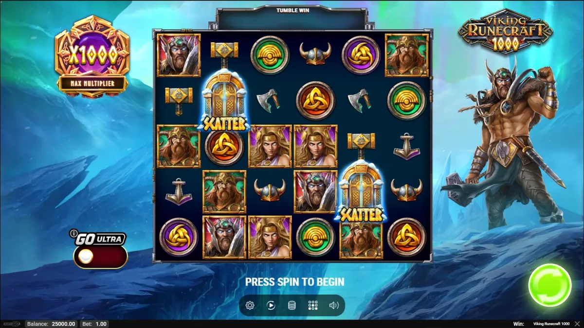 Tampilan grid slot Viking Runecraft 1000 dengan simbol dewa Norse dan efek visual yang intens.