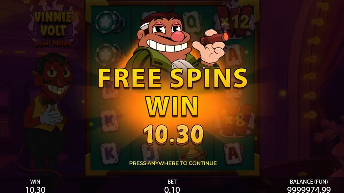 Vinnie Volt: Devil Wilds slot machine interface featuring a dapper devil character.