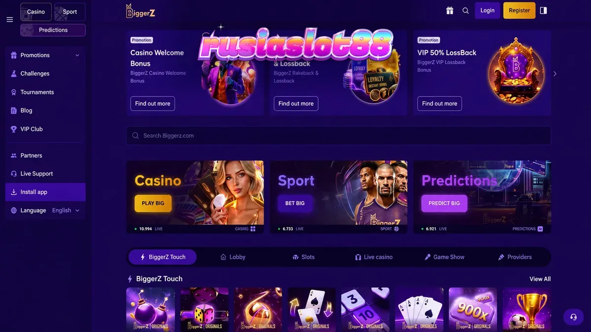 Tampilan antarmuka platform BiggerZ yang modern dan terintegrasi, menampilkan opsi kasino, taruhan olahraga, dan pasar prediksi.
