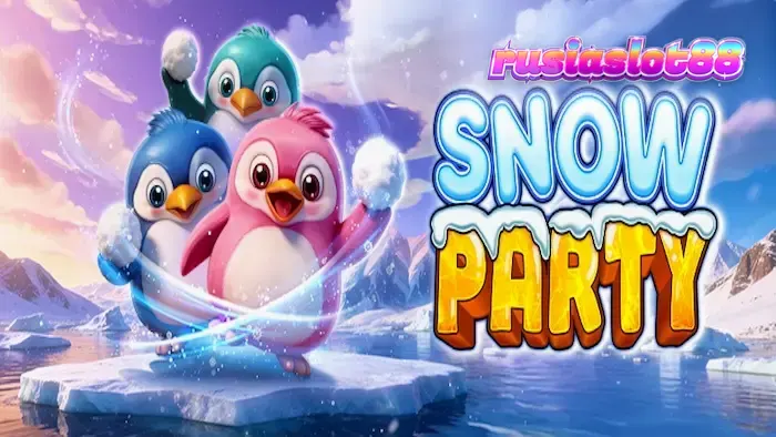 Tampilan visual permainan slot Snow Party dengan karakter hewan kutub yang lucu